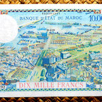 Marruecos colonial 10000 francos 1955 sobreimpreso 100 dirham (184x118mm) pk.52 reverso