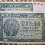 España 100 pesetas 1936 (160x85mm) pk.101 pareja correlativa anversos