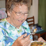 Great grandmother eating okonomiyaki