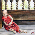 little buddha, aquarel, gesso met speksteen en losse pigmenten  50 x 70 cm