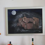 Schloss Tarasp bei Vollmond, Farbe: Acryl, Malkarton, Rahmen: Aluminium, Format: 70 x 50 cm I 
