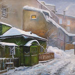 2013, Zimowy wieczór, Olej na płótnie lnianym, 35 x 45 cm. Winter evening, Winterabend, 冬季，雪，