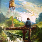 1998, Magda na mostku w Lasce, olej na płótnie, 40 x 50 cm, Gdańsk-Osowa.