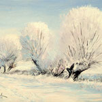 2015, Zimowy pejzaż, Winter landscape, olej na sklejce, 21 x 30 cm.