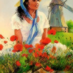 2008, Dziewczyna, wiatrak i maki, olej na płótnie, 50 x 70 cm. 夏