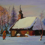 2013, Zima na wsi,  olej na płótnie lnianym, 30 x 40 cm.