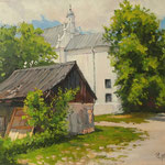 2015, Kazimierz Dolny, widok na kościół św. Anny, Landschaft mit der Kirche, olej na płótnie lnianym, 30 x 40 cm.