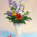 2023, Letni bukiet, Summer bouquet, olej na sklejce z płótnem, 30 / 40 cm.
