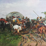 2022, Potyczka ze Szwedami wg. Józefa Brandta, olej na płótnie lnianym, 43 / 75 cm.