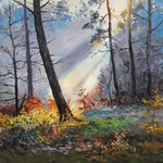 2013, Słońce w lesie, olej na sklejce, 30 x 40 cm.