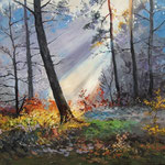 2013, Słońce w lesie, olej na sklejce, 30 x 40 cm.