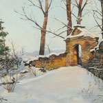 2019, Cerkwisko w Dziewięcierzu, Ruinen in Dziewiecierz, olej na płótnie, 30 x 40 cm.