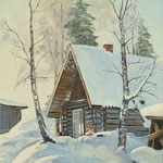 2022, Zima na wsi, olej na płótnie lnianym, 36 x 55 cm.