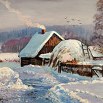 2013, Zima na wsi, olej na płótnie lnianym, 30 x 40 cm. Зима, снег, деревня, 冬季，雪，村