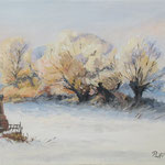 2016, Zimowy pejzaż z kapliczką, Winterlandschaft mit Kapelle, olej na płótnie, 30 x 45 cm.  