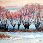 2013, Zima, olej na płótnie lnianym, 30 x 40 cm. 冬季，雪，村