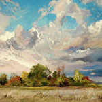 2014, Pejzaż z chmurami, Landscape with clouds, olej na płótnie lnianym, 40 x 50 cm. 夏