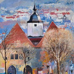 2011, Widok na ratusz w Jenie, olej na kartonie,  28 x 38 cm.