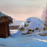 2011, zima na wsi 5, Winter auf dem Lande, olej na płótnie, 24 x 30 cm. Winter in the countryside, Зима, снег, деревня, 冬季，雪，村