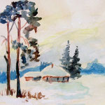 1972, Zima na wsi, akwarela, 13 / 18 cm.