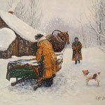 2015, Zima na wsi, Winter auf dem Land, olej na płótnie lnianym, 40 x 50 cm. 冬天，雪，马，女孩，雪橇