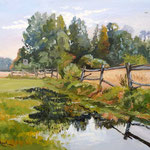 2014, pejzaż z płotem, Landschaft mit Zaun, olej na sklejce, 30 x 40 cm.