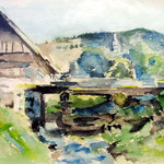 1977, Chata w Bystrej, akwarela wg J. Fałata, 13 / 18 cm.