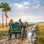 2010, Powrót z targu, olej na płótnie, 40 x  50 cm. 回到市場, 秋，