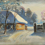 2020, Zima na wsi, Winter auf dem Land, olej na płótnie lnianym, 27 x 43 cm.