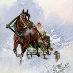 2014, Sanna, olej na płótnie lnianym, 30 x 40 cm. сани, лошади, девушка, Funny sleigh ride, 冬天，雪，马，女孩，雪橇