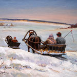 2012, Powrót z targu, olej na płótnie, 30 x 40 cm. 回到市場, Зима, снег, деревня, лошади, девушка, сани, 冬季，雪，村