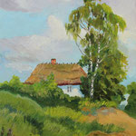 2019, Pejzaż z chatą, olej na płótnie, 25 x 30 cm.