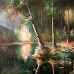 1996, Widok w lesie za Szemudem, olej na płótnie, 40 x 50 cm, Kamień.