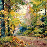 2014, Jesień w lesie, Herbst im Wald, olej na kartonie, 31 x 39 cm. Autumn in the forest, 秋