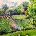 2008, Relaks przy stawie, olej na płótnie, 30 x 40 cm.
