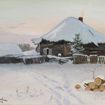 2018, Zima na wsi, Winter auf dem Lande, olej na  płótnie lnianym, 30 x 40 cm.