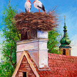 2009, Bociany, Storche, olej na płótnie. 38 x 48 cm.