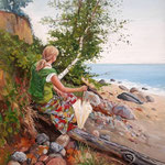 2014, pod klifem w Orłowie, olej na sklejce, 30 x 40 cm. Bozena, on  the beach in Orlowo.,  夏