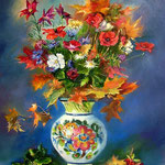 2005, Kwiaty i Liście w wazonie, olej na płótnie, 40 x 50 cm.
