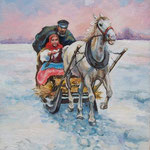 2010, Sanna, olej na płótnie, 30 x 40 cm.  Зима, снег, лошади, девушка, сани, 冬天，雪，马，女孩，雪橇