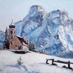 2014, Zima w Dolomitach, olej na płótnie lnianym, 40 x 50 cm. 冬季，雪，村