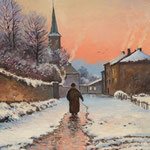 2013, Zimowy wieczór, Winterabend, olej na płycie, 28 x 35 cm. 冬季，雪，村