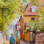 2014, wiosna w mieście, Frühling in der Stadt, olej na sklejce, Öl auf Sperholzplatte, 27 x 36 cm. 春