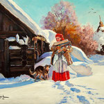 2012, zima na wsi 11, olej na płótnie, 30 x 40 cm. Winter in the countryside, Зима, снег, деревня, 冬季，雪，村