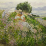 2009, Lektura na łące, olej na płótnie, 24 x 30 cm.