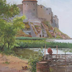 2014, Pejzaż z ruinami zamku, Landschaft mit Schlossruinen, olej na płótnie lnianym, 30 x 40 cm. 夏