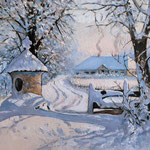 2014, Zima w Serbinowie,  olej na płótnie lnianym, 30 x 43 cm. 冬季，雪，村