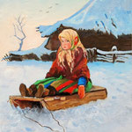2013, Dziewczynka na sankach, a little girl on the sledge, olej na płótnie lnianym, 24 x 30 cm.