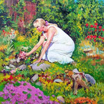 2009, U Ani w ogrodzie, olej na płótnie, 40 x 50 cm.