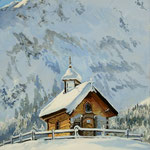 2020, Zima w górach, Winter in den Bergen, Wildschönau-Almkapelle, olej na płótnie, 30 x 40 cm. 